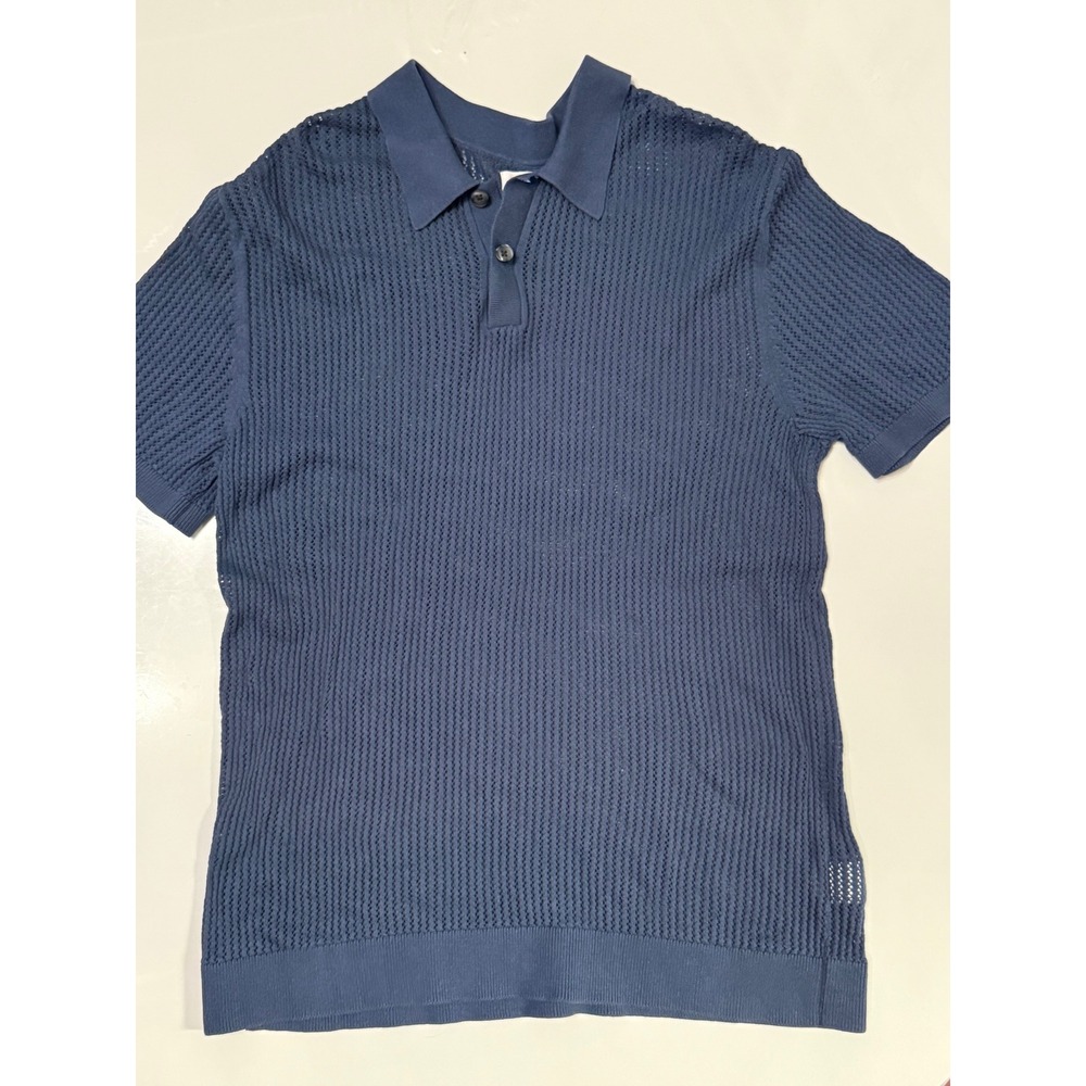 Gap 2025 Mens Crochet Polo Shirt L Short Sleeve Cotton Knit Blue Resort Cabana